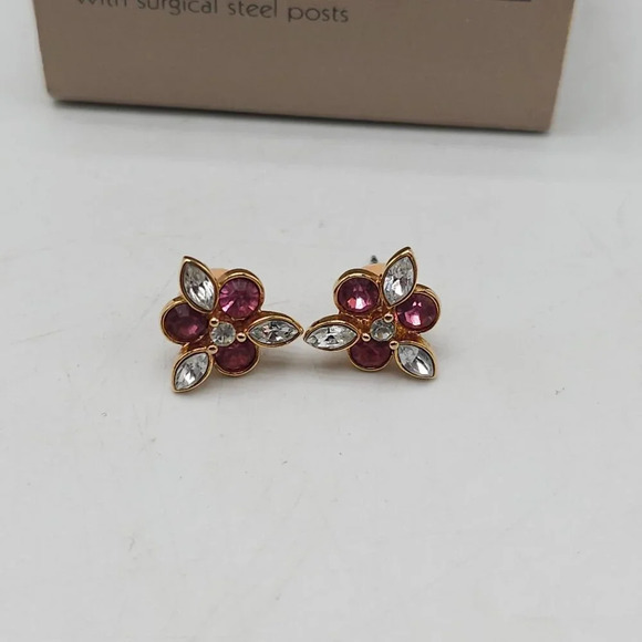 Avon 1985 Pink Sparkle Earrings Rhinestone Stud Earrings Gold Tone - Picture 2 of 4